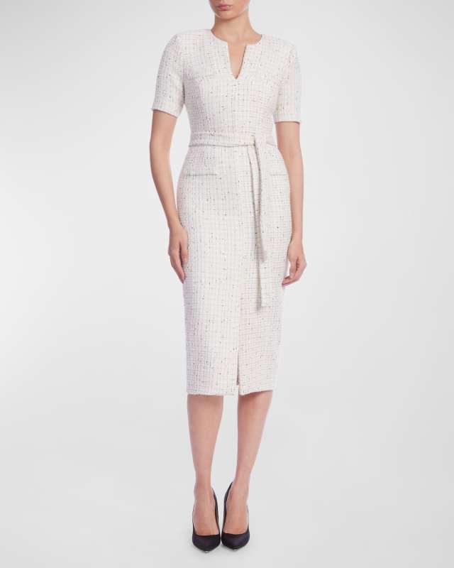 Sequin Tweed Midi Sheath Dress