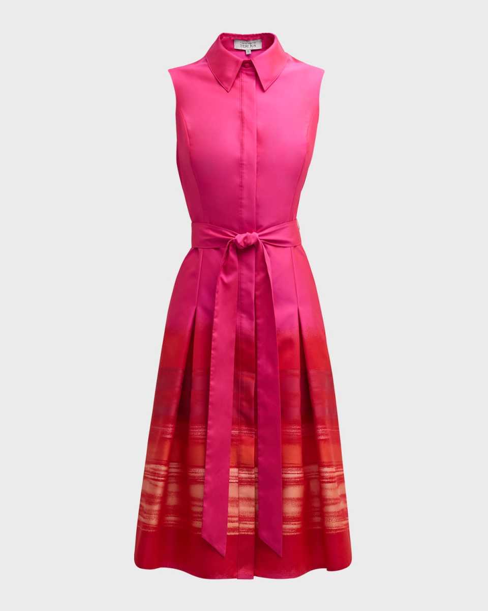 Sleeveless Pleated Ombre Midi Shirtdress