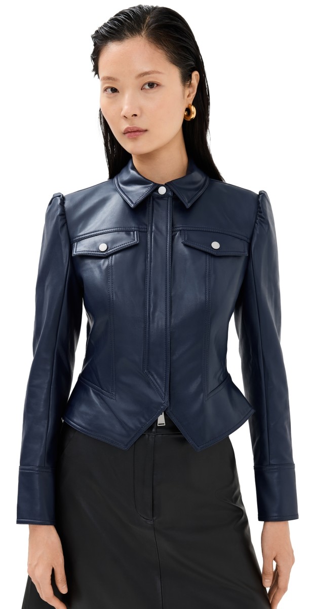 SIMKHAI Wyatt Vegan Leather Zip Up Jacket Midnight