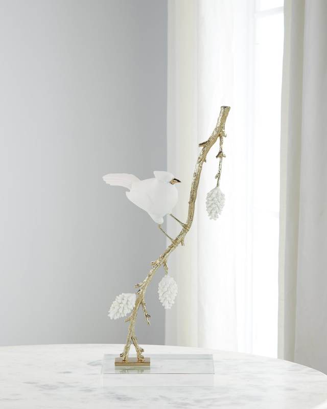 Porcelain Bird on Pine Branch Sculpture
