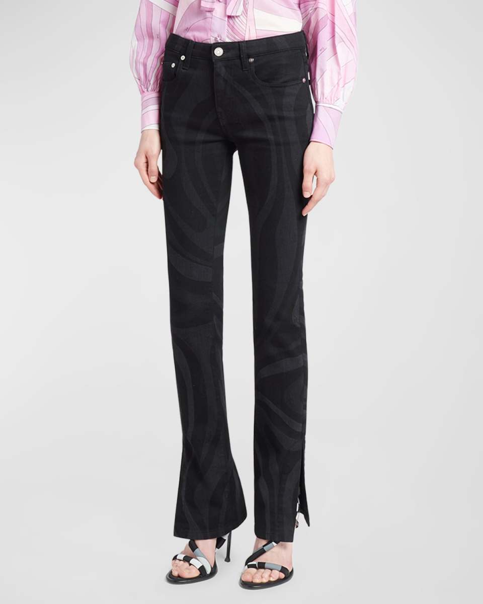 Mid-Rise Wavy-Print Straight-Leg Slits-Hem Denim Trousers