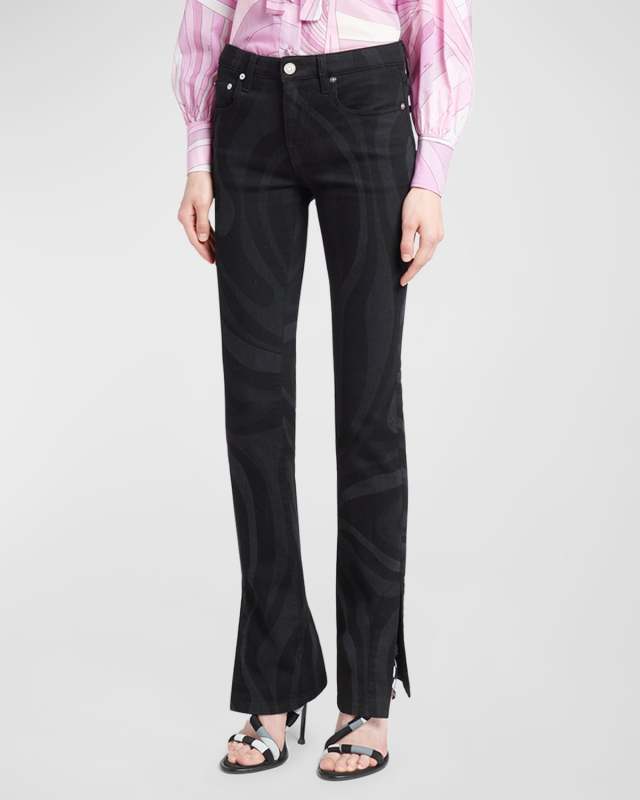Mid-Rise Wavy-Print Straight-Leg Slits-Hem Denim Trousers