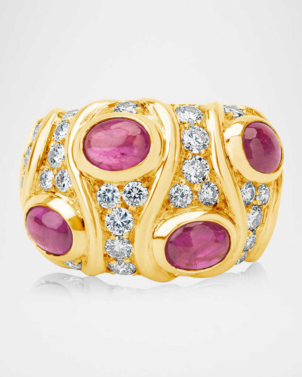 18K Yellow Gold Diamond and Ruby Statement Ring, Size 7