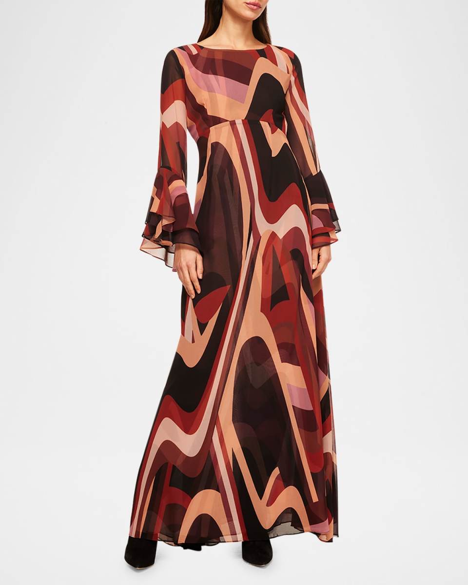 Zoey Striped Chiffon Tiered-Sleeve Maxi Dress