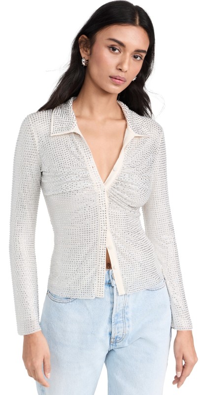 Self Portrait Cream Rhinestone Mesh Top Cream