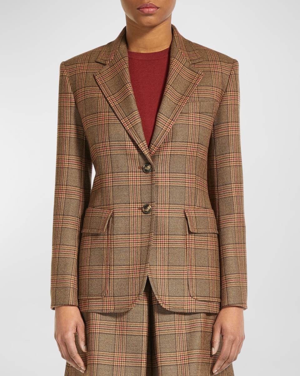 Single-Breasted Plaid Wool Jacket
