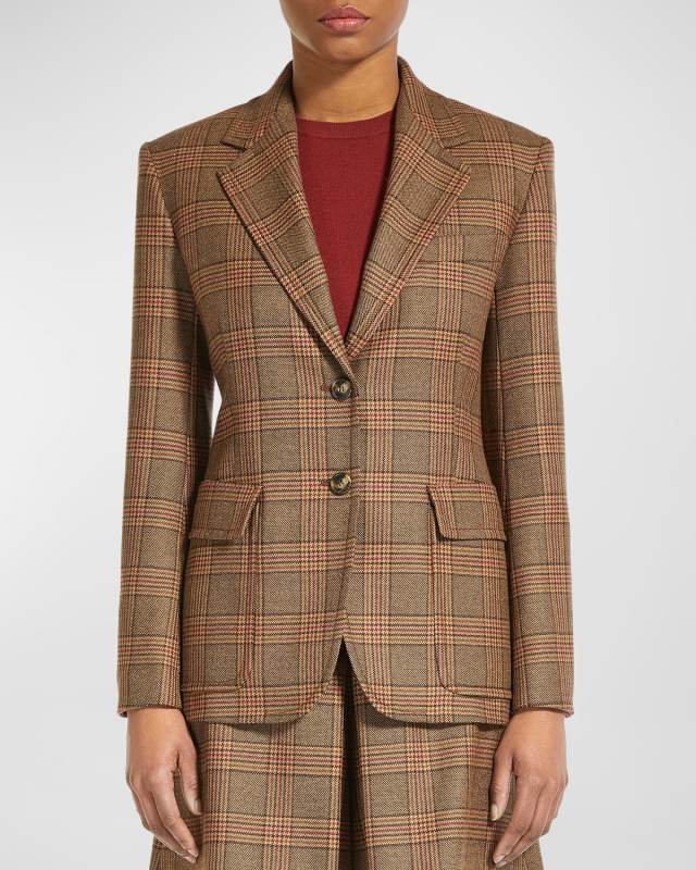 Single-Breasted Plaid Wool Jacket