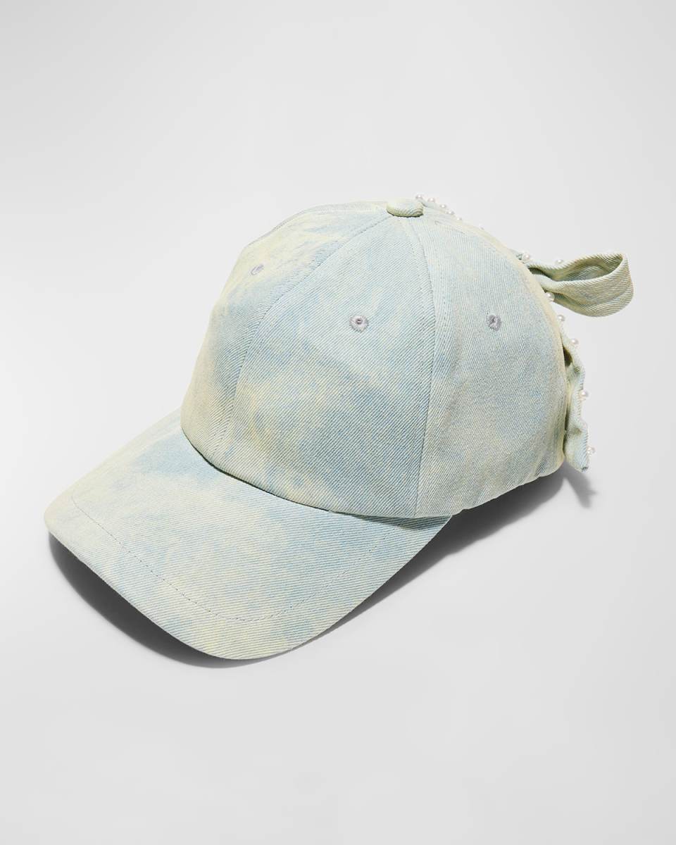 Acid Wash Denim Baseball Hat With Pearly Bow