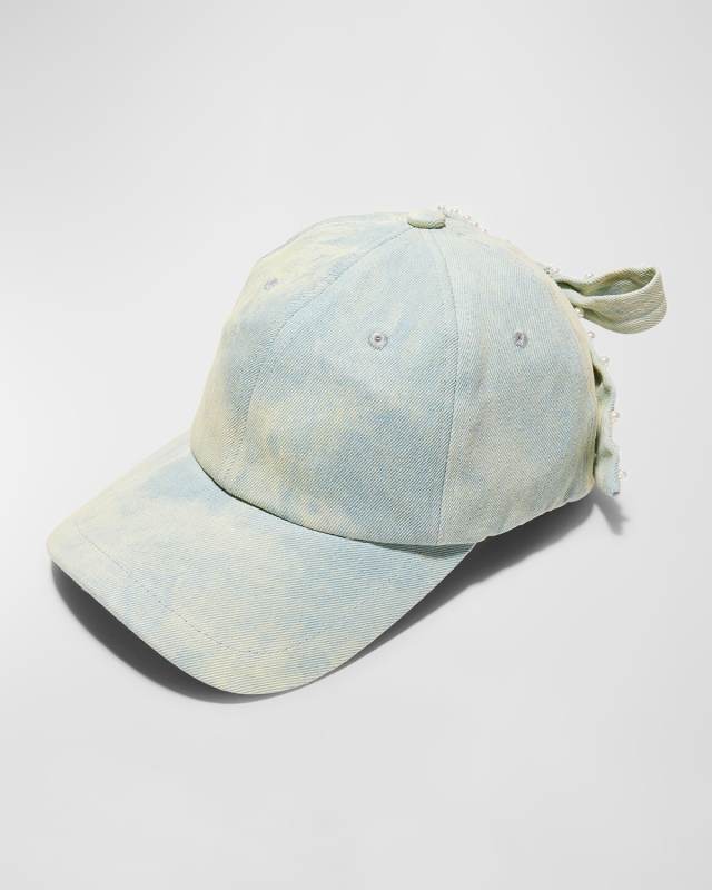 Acid Wash Denim Baseball Hat With Pearly Bow