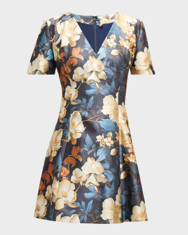Floral Print V-Neck Mini Silk Dress