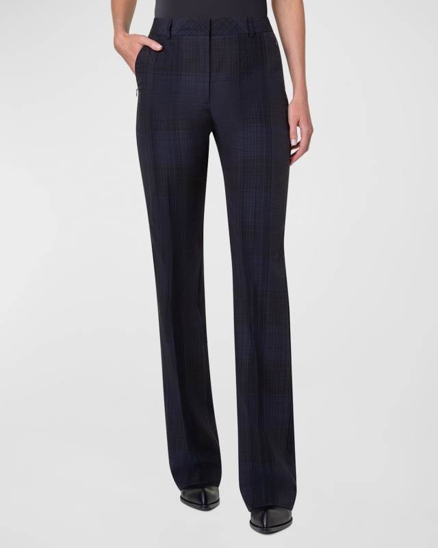 Marilyn Check Silk-Cotton Seersucker Bootcut Pants