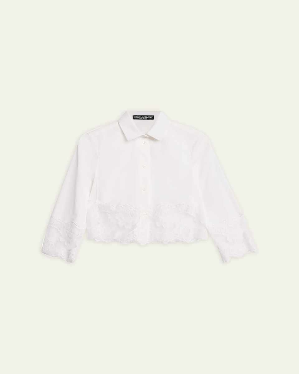 Cropped Button-Front Blouse with Lace Trim
