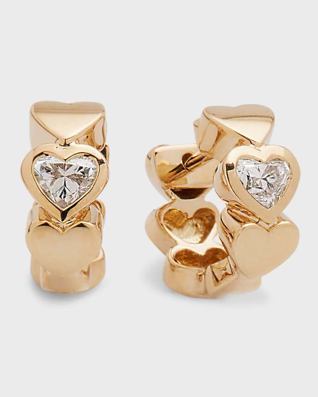 14k Gold Diamond Hearts Hoop Earrings