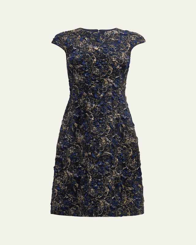 Cap-Sleeve A-Line Floral Jacquard Midi Dress