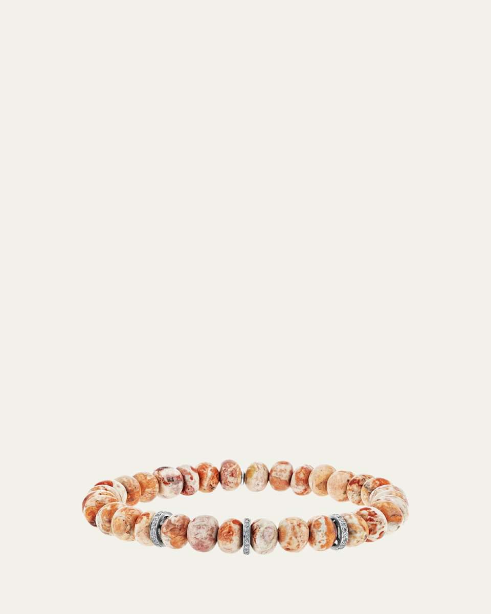 Mexican Fire Opal 8mm Bead Bracelet with 3 Pave Diamond Rondelles