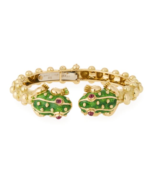 18k Gold Baby Frog Cuff Bangle in Green Enamel