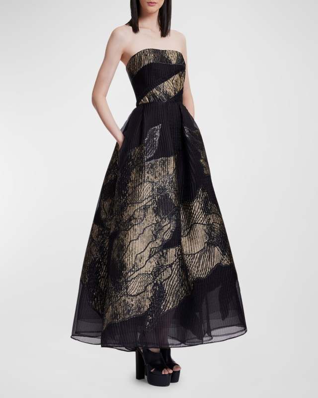 Floral Brocade Strapless Gown