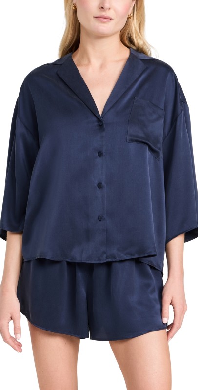 Lunya Washable Silk Relaxed Button Up Short Set Deep Blue
