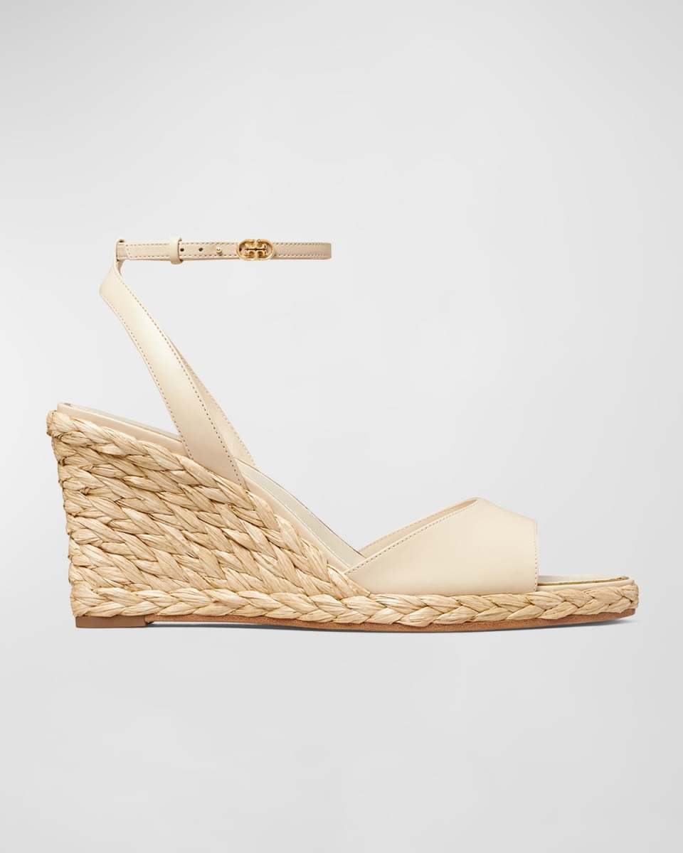 Leather Raffia Ankle-Strap Wedge Espadrilles