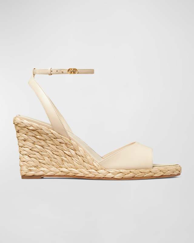 Leather Raffia Ankle-Strap Wedge Espadrilles