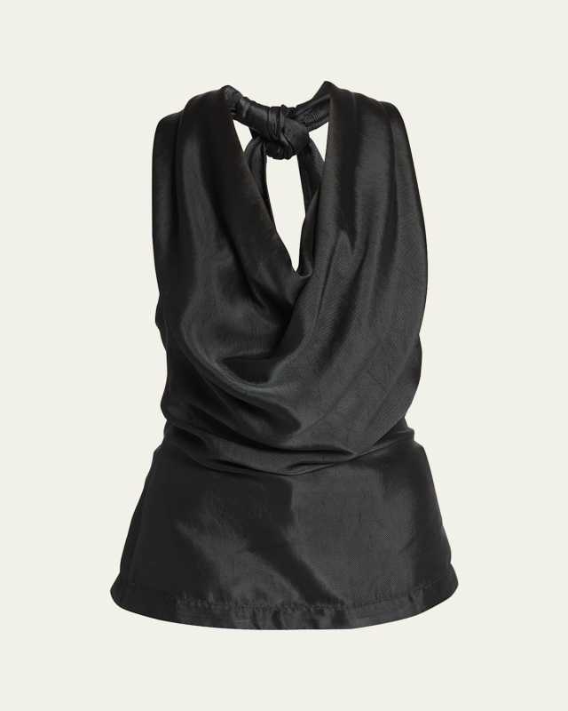 Draped Cowl-Neck Fluid Twill Halter Top