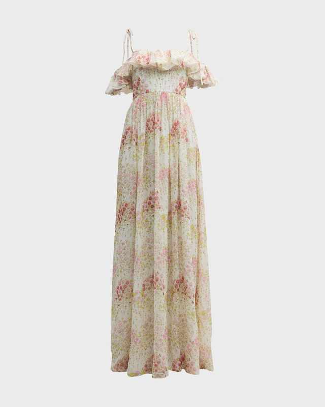Floral-Print Ruffle Off-The-Shoulder Silk Georgette Gown