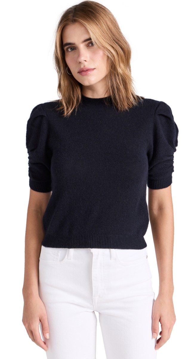 FRAME Ruched Cashmere Sleeve Sweater Navy