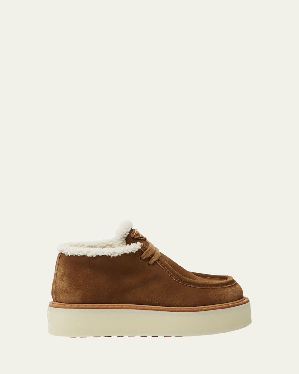 Suede Shearling Lace-Up Booties