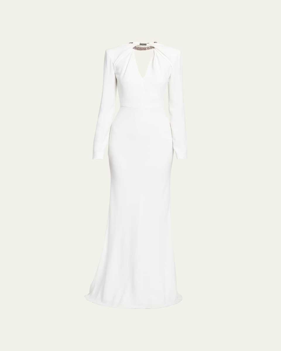 Certified Leaf Crepe Gown with Crystal Neckline