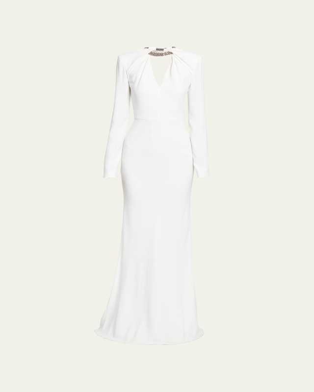 Certified Leaf Crepe Gown with Crystal Neckline