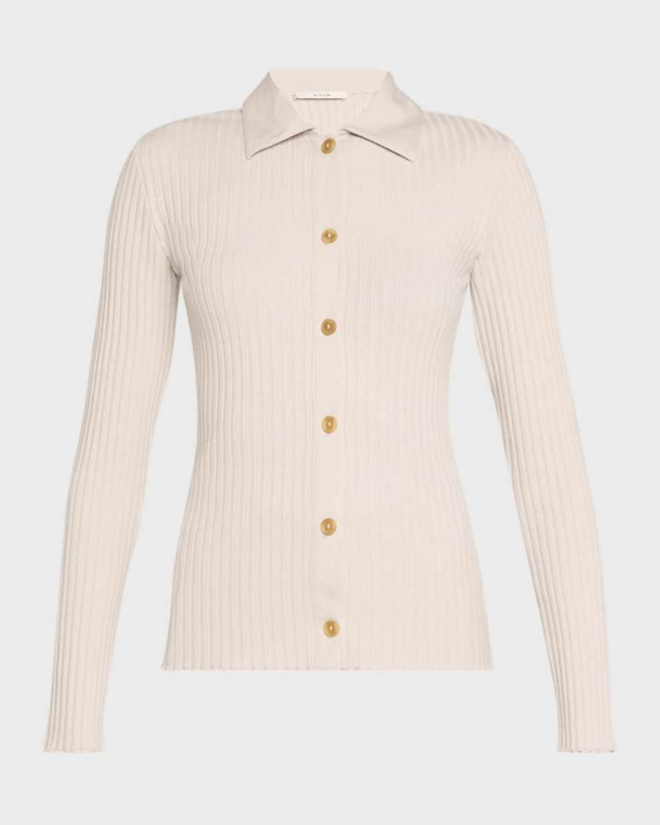 Ribbed Long-Sleeve Button-Front Polo Shirt