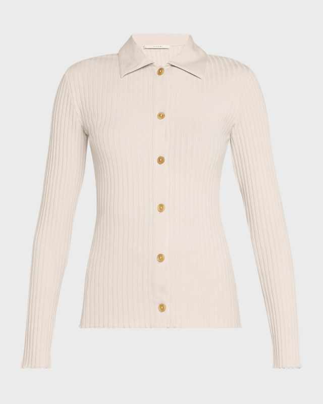 Ribbed Long-Sleeve Button-Front Polo Shirt