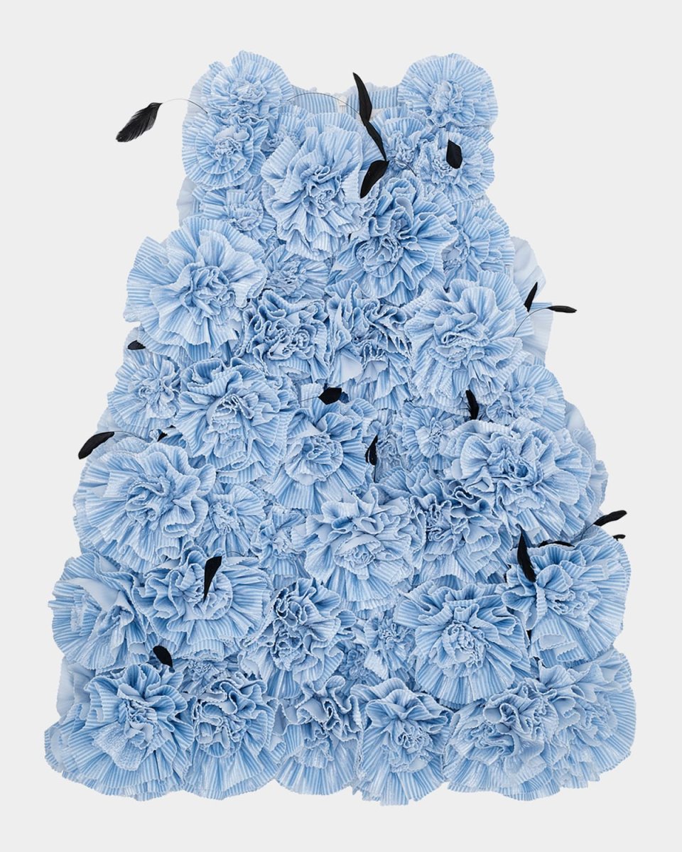 Pleated Floral Mini Dress with Feathers