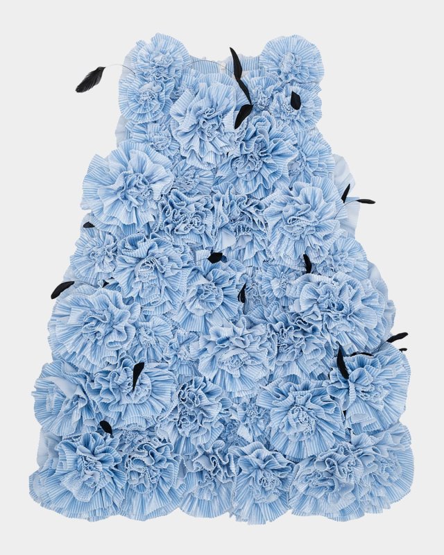 Pleated Floral Mini Dress with Feathers