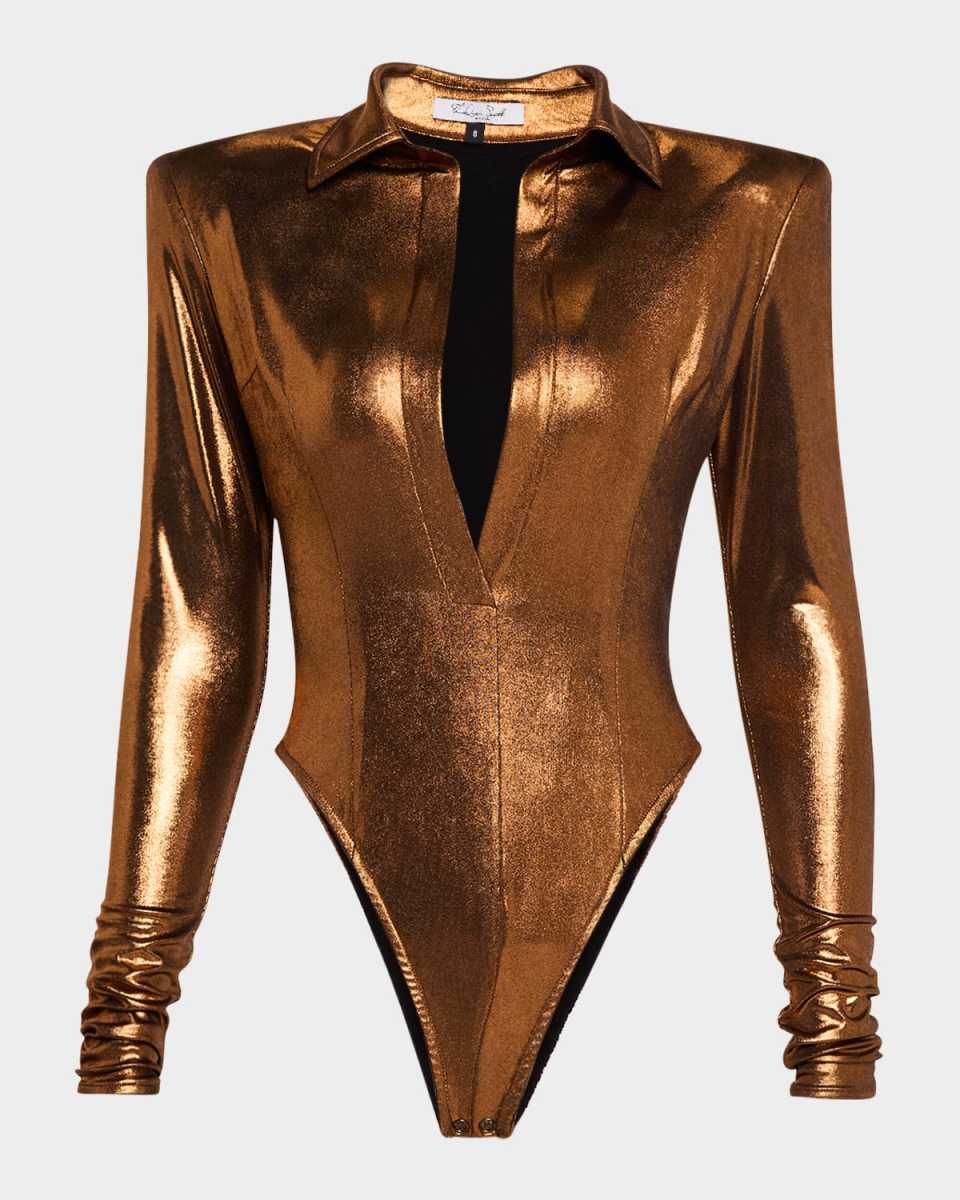 Metallic Strong-Shoulder Shrunken Blouse Bodysuit