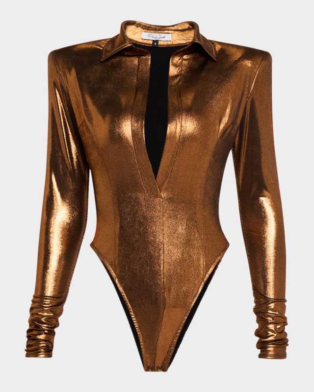 Metallic Strong-Shoulder Shrunken Blouse Bodysuit