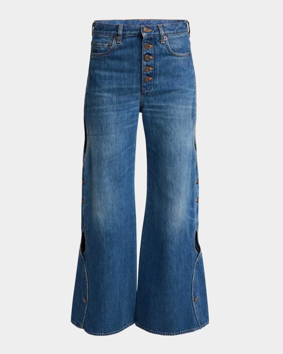 Button Cutout Wide-Leg Denim Jeans