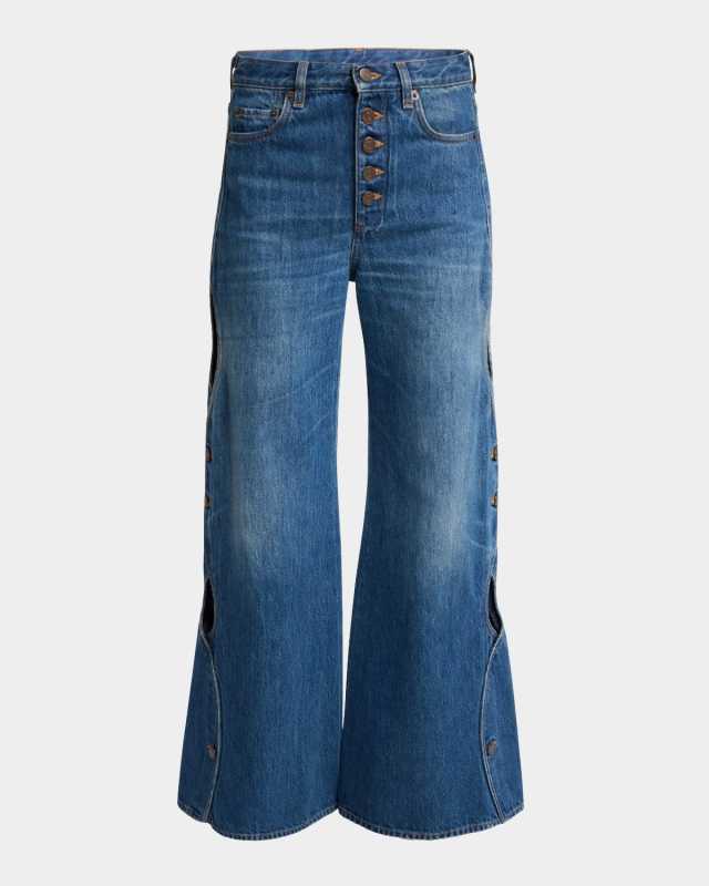 Button Cutout Wide-Leg Denim Jeans