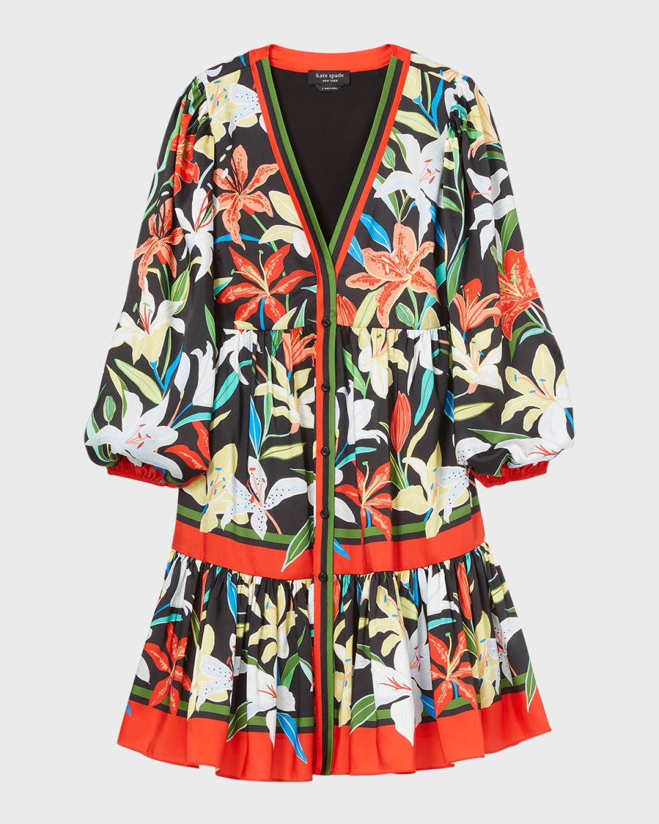 summer lilies tiered blouson-sleeve mini dress