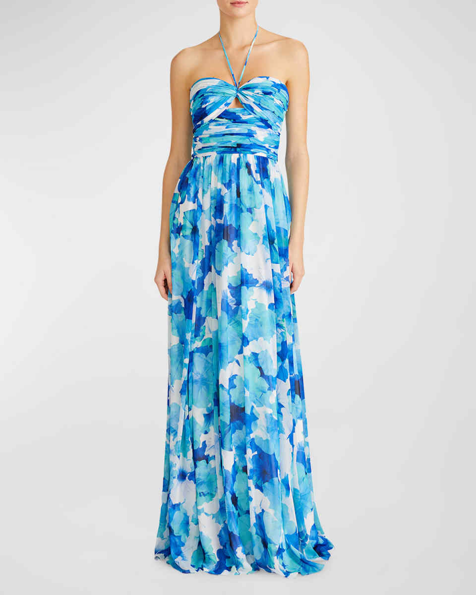 Emilia Cutout Floral-Print Halter Gown