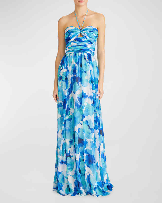 Emilia Cutout Floral-Print Halter Gown