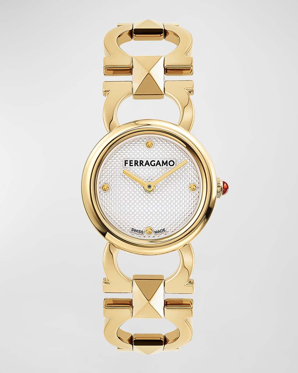 25mm Double Gancini Stud Watch with Silver Dial, Yellow Gold
