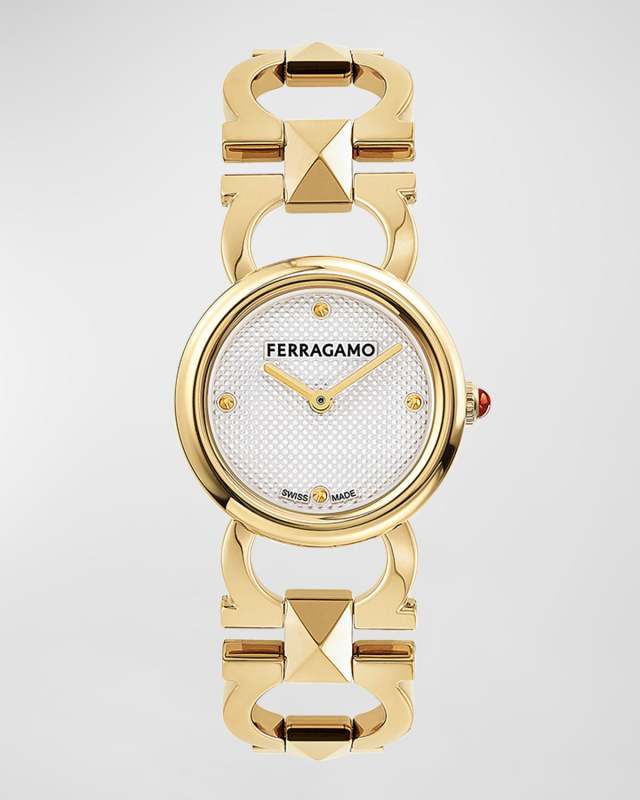 25mm Double Gancini Stud Watch with Silver Dial, Yellow Gold