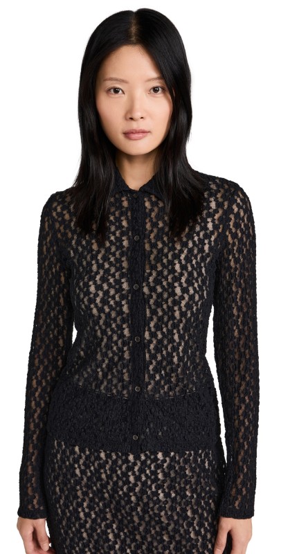 Vince Floral Smocked Long Sleeve Button Up Cardigan Black