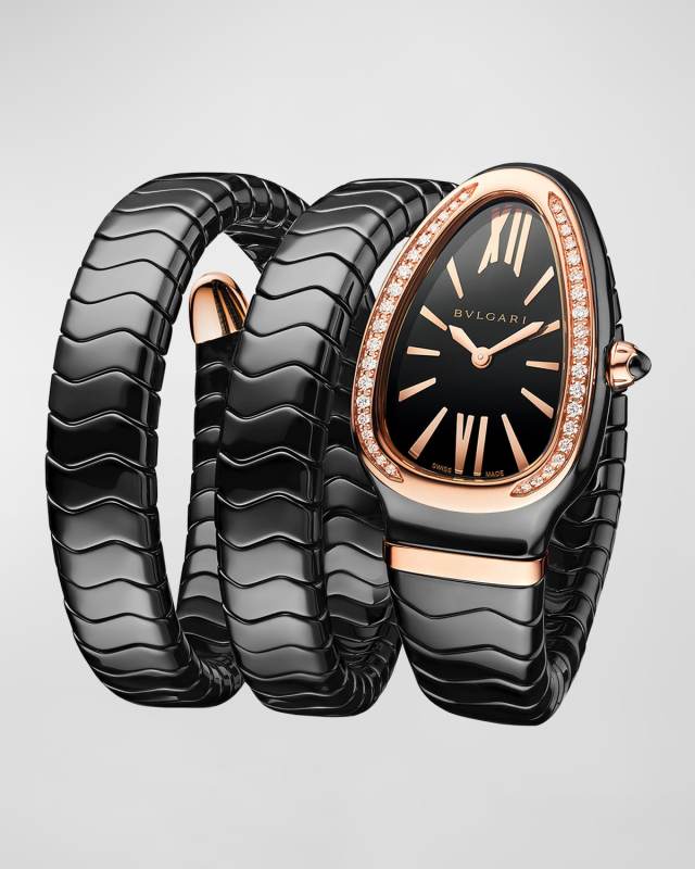 35mm Serpenti Spiga Diamond Coil Watch, Black/Rose
