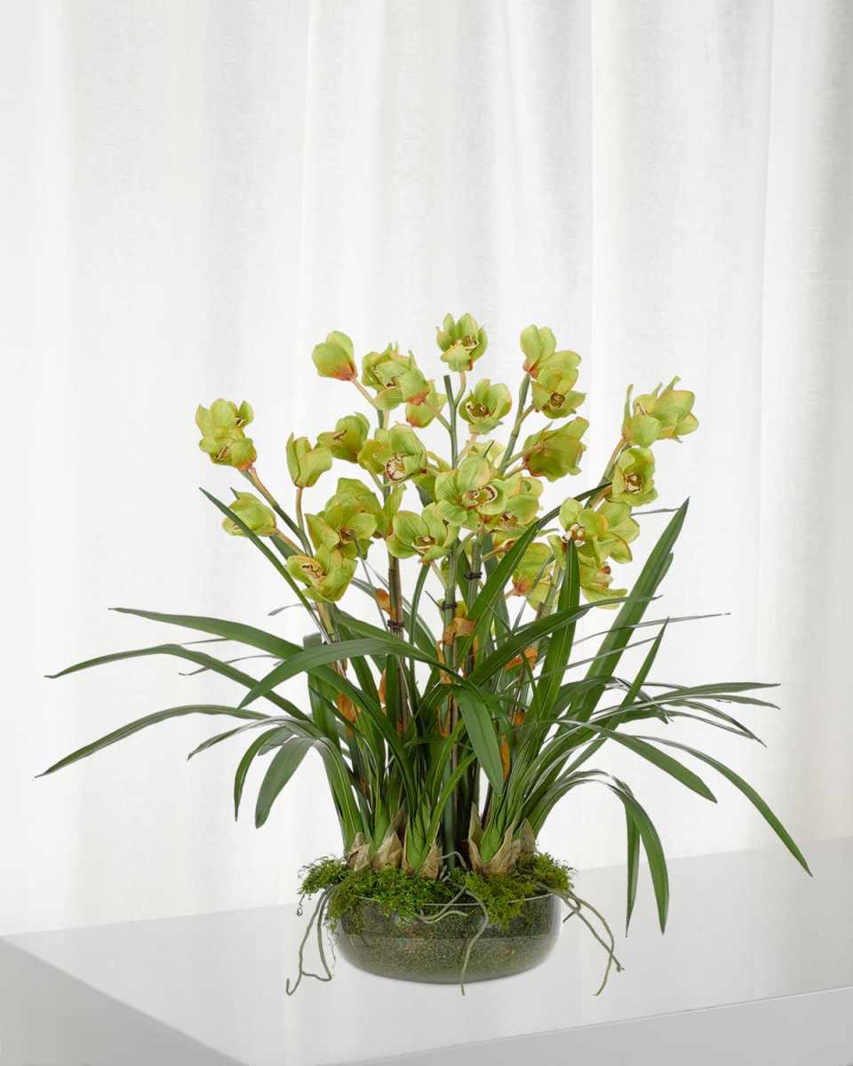 Orchid Cymbidium Moss Garden Faux-Floral Arrangement in Glass Bowl, 40wx40dx35h