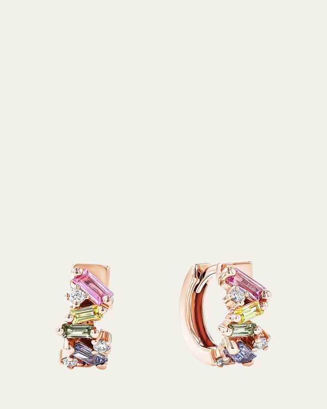 18K Rose Gold Fireworks Diamond and Pastel Sappgire Huggie Earrings