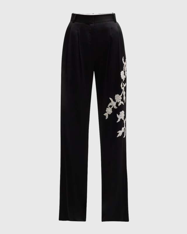 Flora Applique Pleated Wide-Leg Satin Crepe Pants