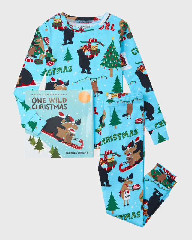 Boy's One Wild Christmas Printed Pajamas & Book Set, Size 2-8