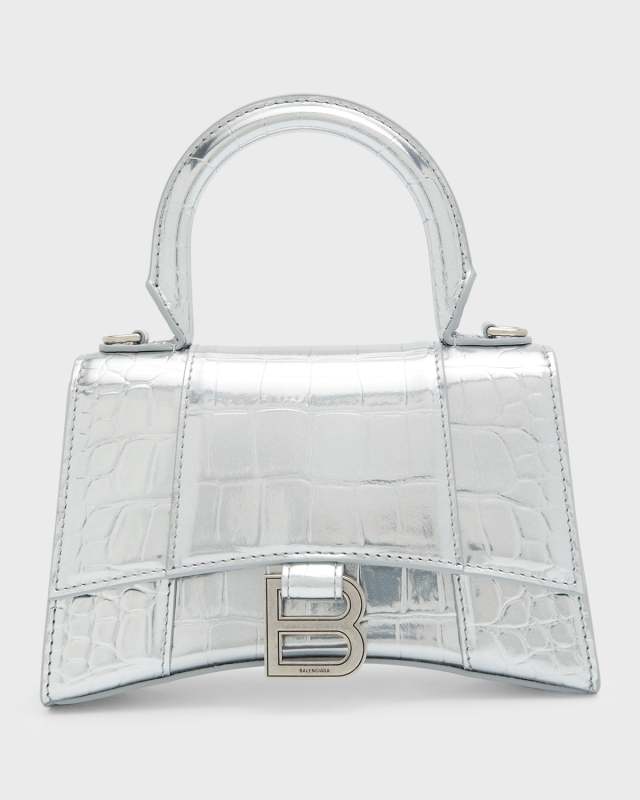 Hourglass XS Metallic Croc-Embossed Bag with Rhinestones